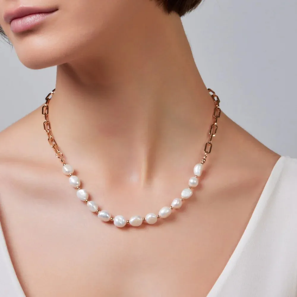 Freshwater Pearl & Paperclip Chain Necklace, Gold- Knight & Day Jewellery