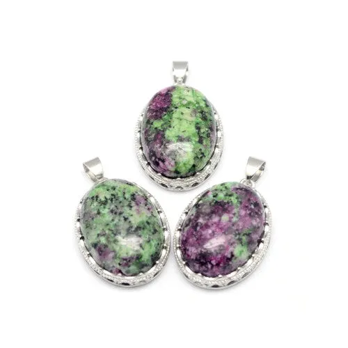 Gemstone Pendants, Natural, Ruby in Zoisite, Platinum Plated, Brass, Oval, 30mm