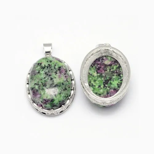 Gemstone Pendants, Natural, Ruby in Zoisite, Platinum Plated, Brass, Oval, 30mm