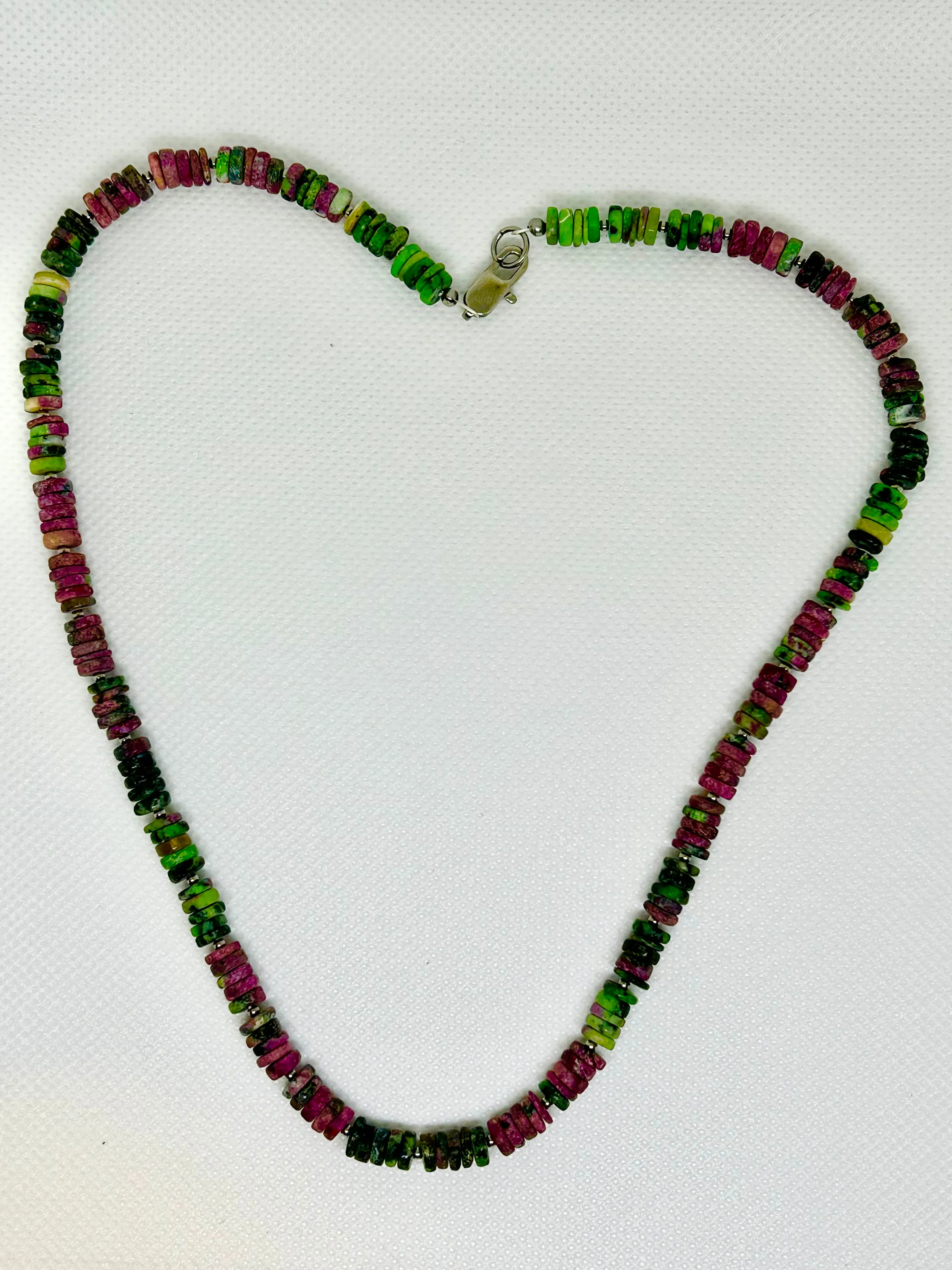 Genuine Ruby Zoosite necklace with hypoallergenic stainless steel beads and clasp.  19.5” long.  EP117