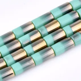 Glass Beads, Half Electroplated, Column, Opaque, Turquoise, 19.5-20x10mm