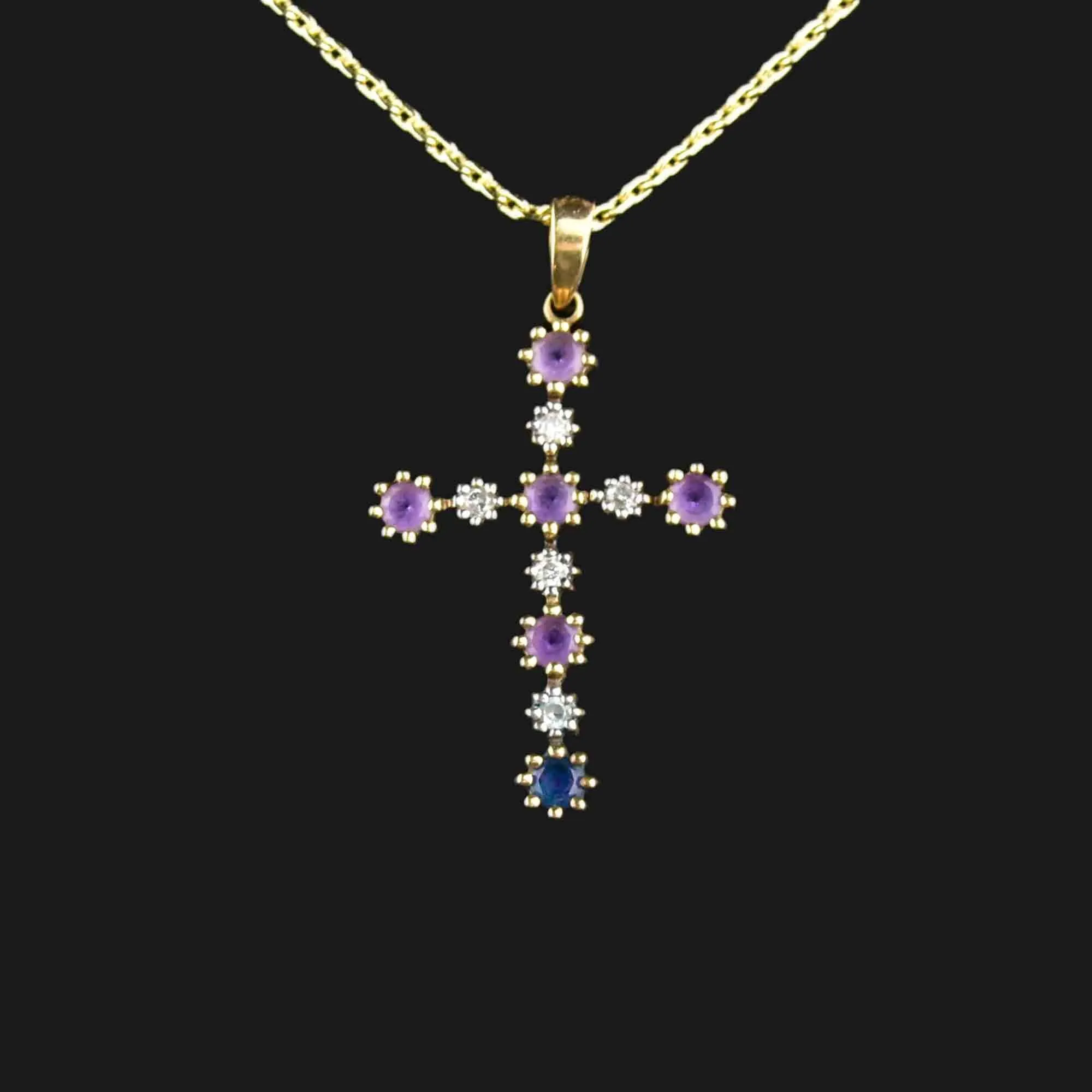 Gold Amethyst Diamond Cross Pendant Necklace