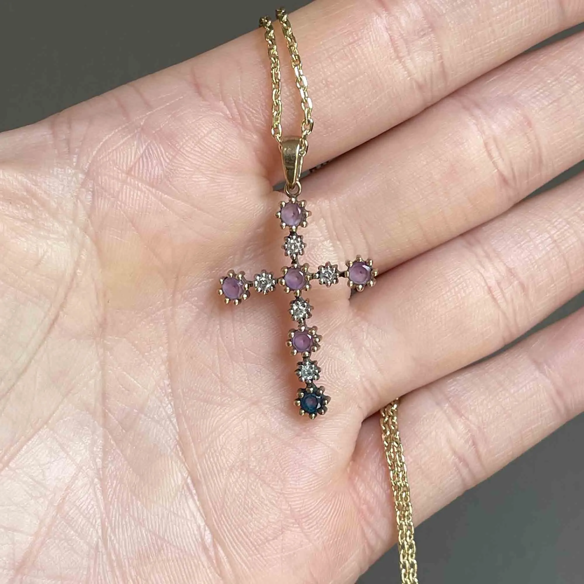 Gold Amethyst Diamond Cross Pendant Necklace