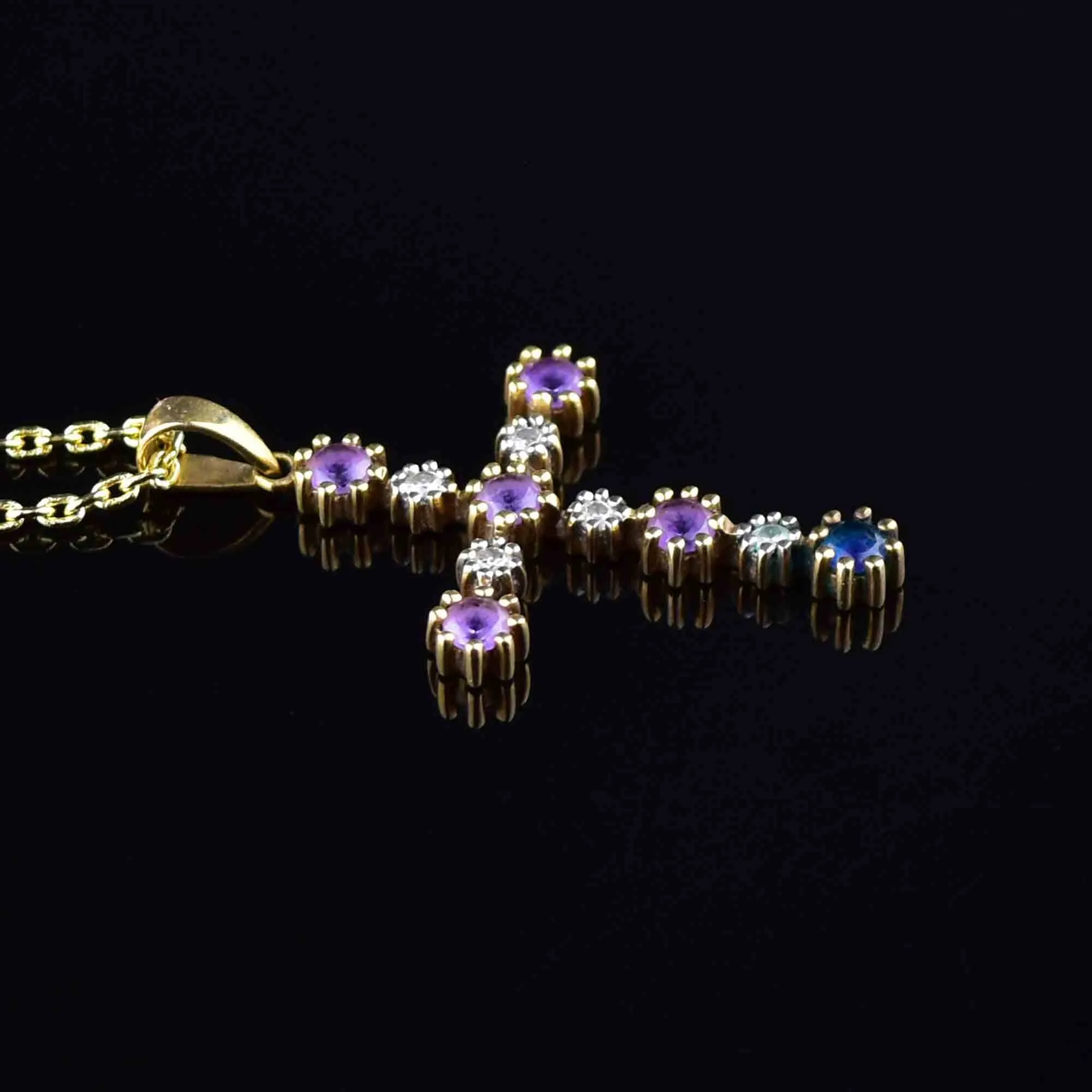 Gold Amethyst Diamond Cross Pendant Necklace