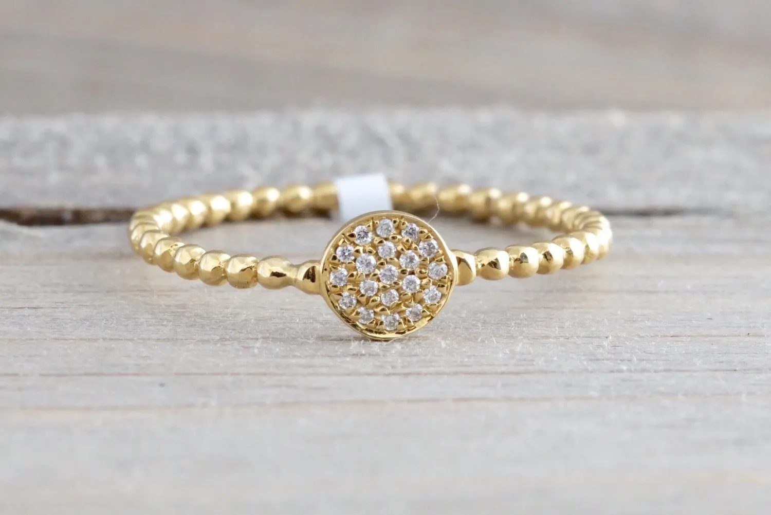 Gold Diamond Pave Disk Ball Bead Signet Ring