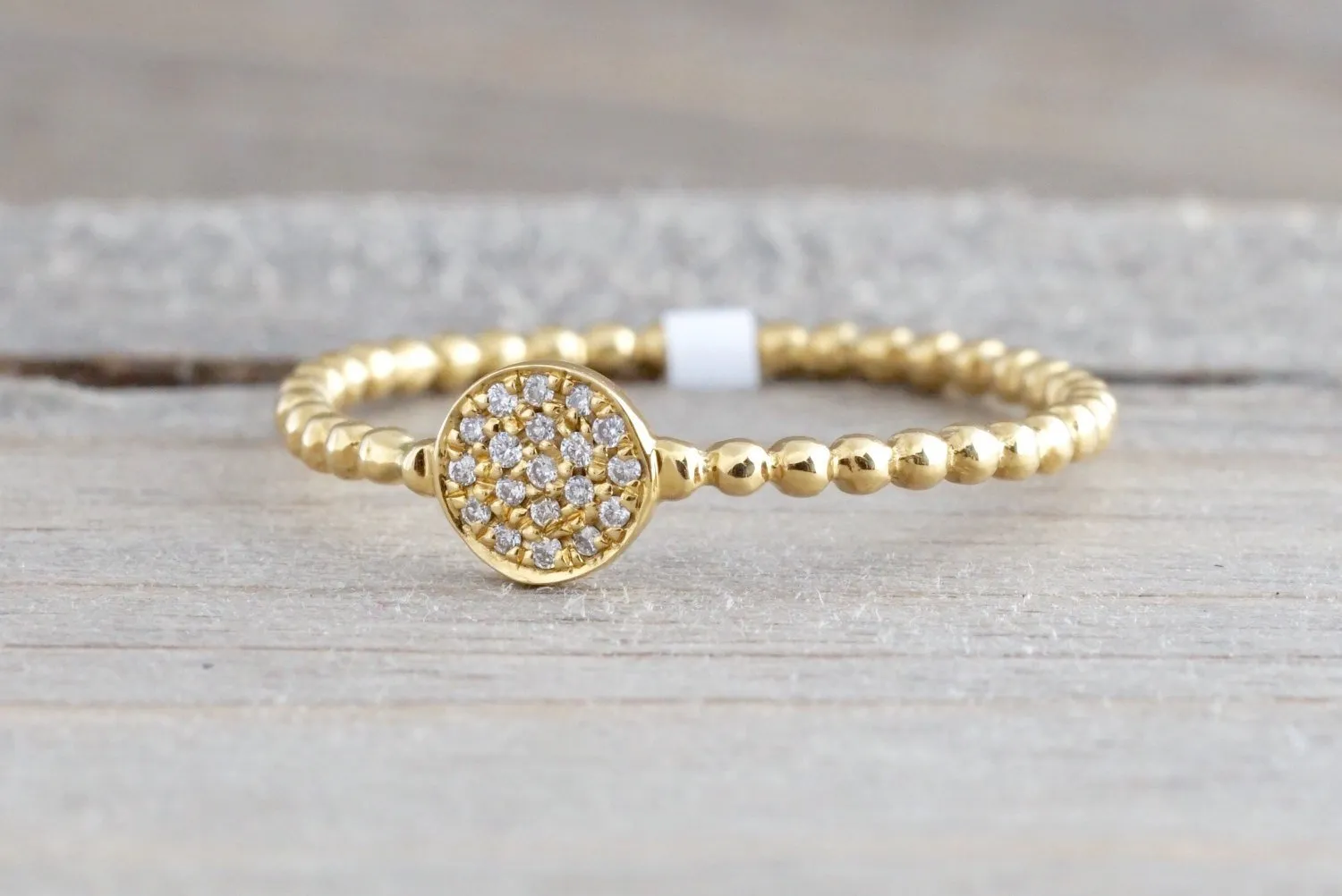 Gold Diamond Pave Disk Ball Bead Signet Ring