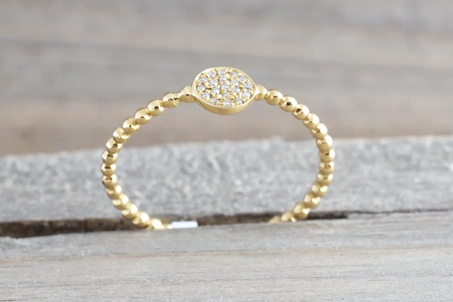 Gold Diamond Pave Disk Ball Bead Signet Ring