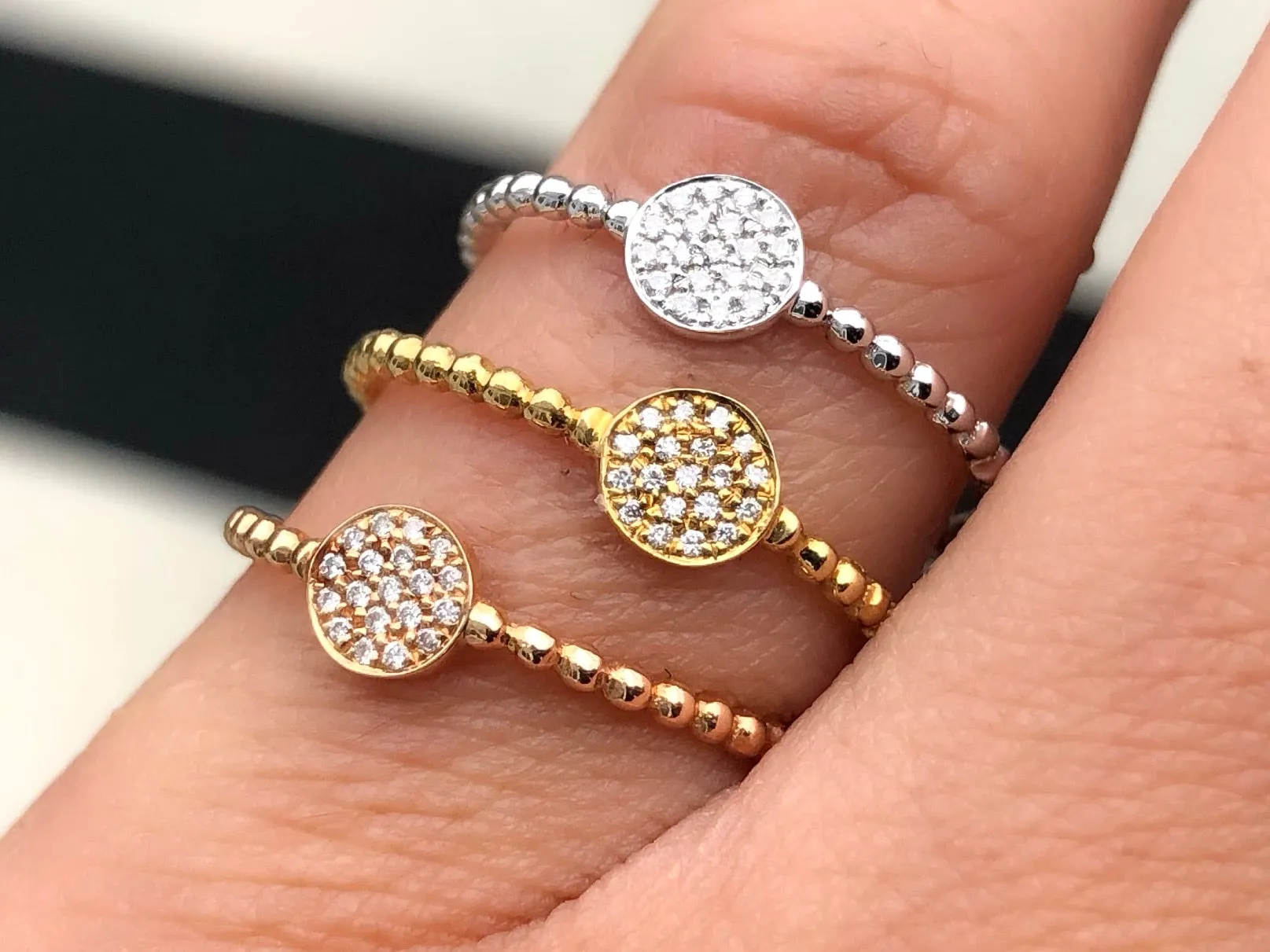 Gold Diamond Pave Disk Ball Bead Signet Ring