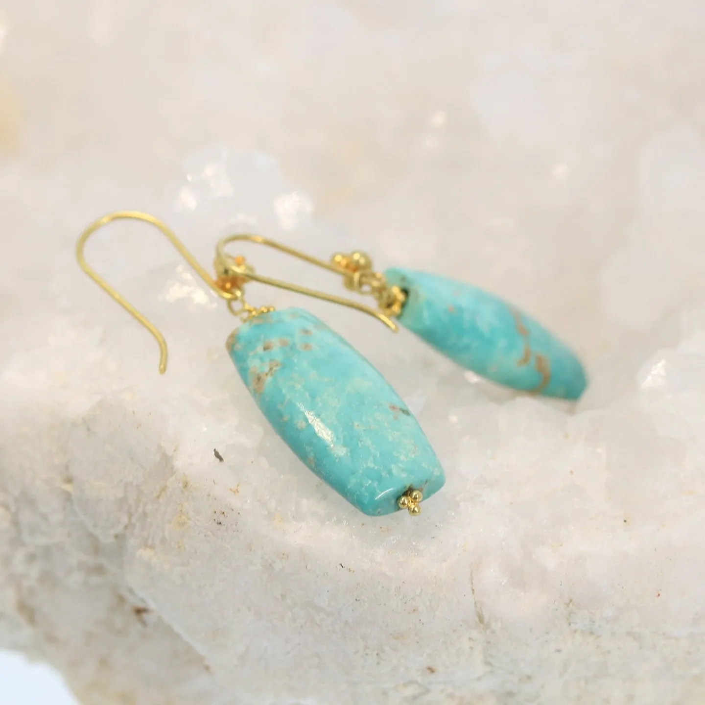 Gold Earrings With Carico Lake Turquoise 18K Elongated Shape