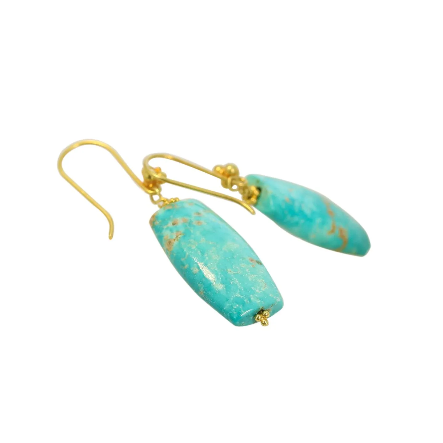 Gold Earrings With Carico Lake Turquoise 18K Elongated Shape