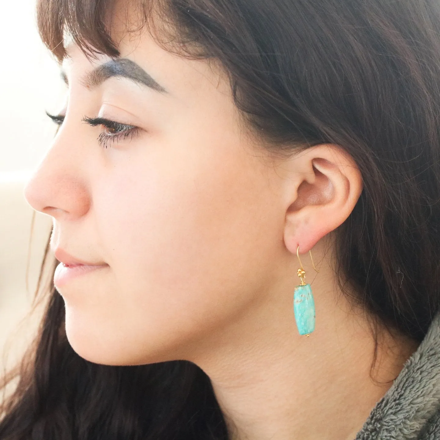 Gold Earrings With Carico Lake Turquoise 18K Elongated Shape