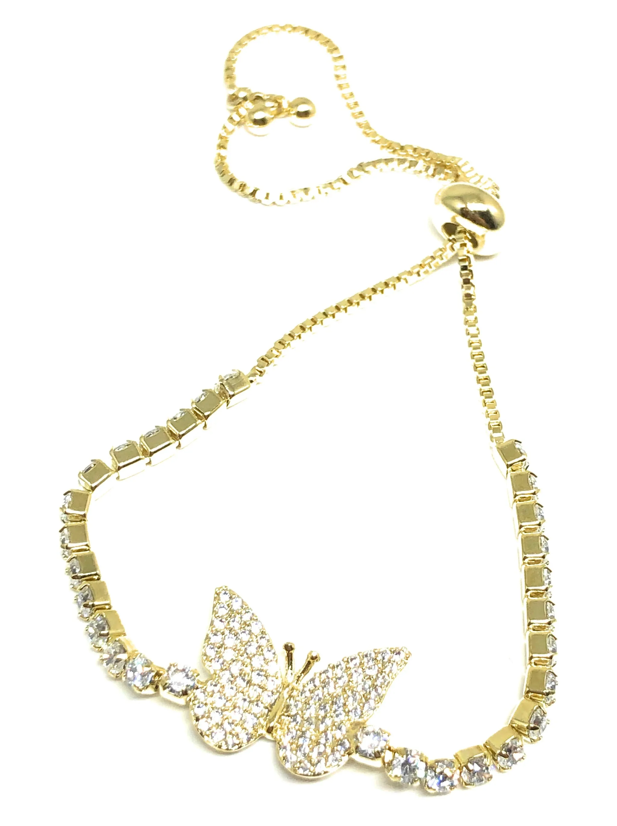 Gold Plated Butterfly Charm CZ Adjustable 9 inch Tennis Bracelet