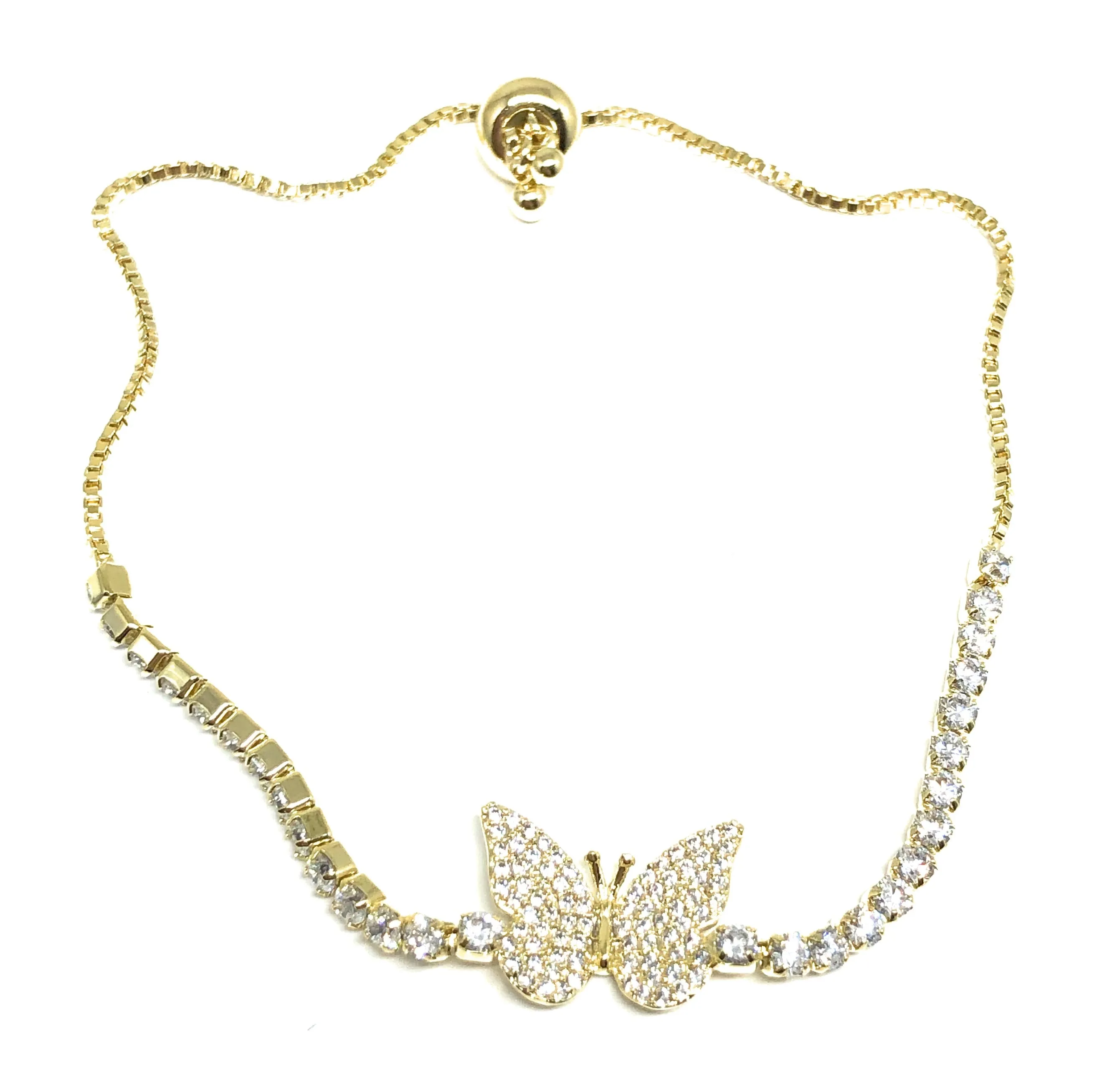 Gold Plated Butterfly Charm CZ Adjustable 9 inch Tennis Bracelet