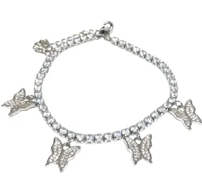 Gold Plated White Gold Butterfly Charm CZ Adjustable 9 inch Tennis Bracelet