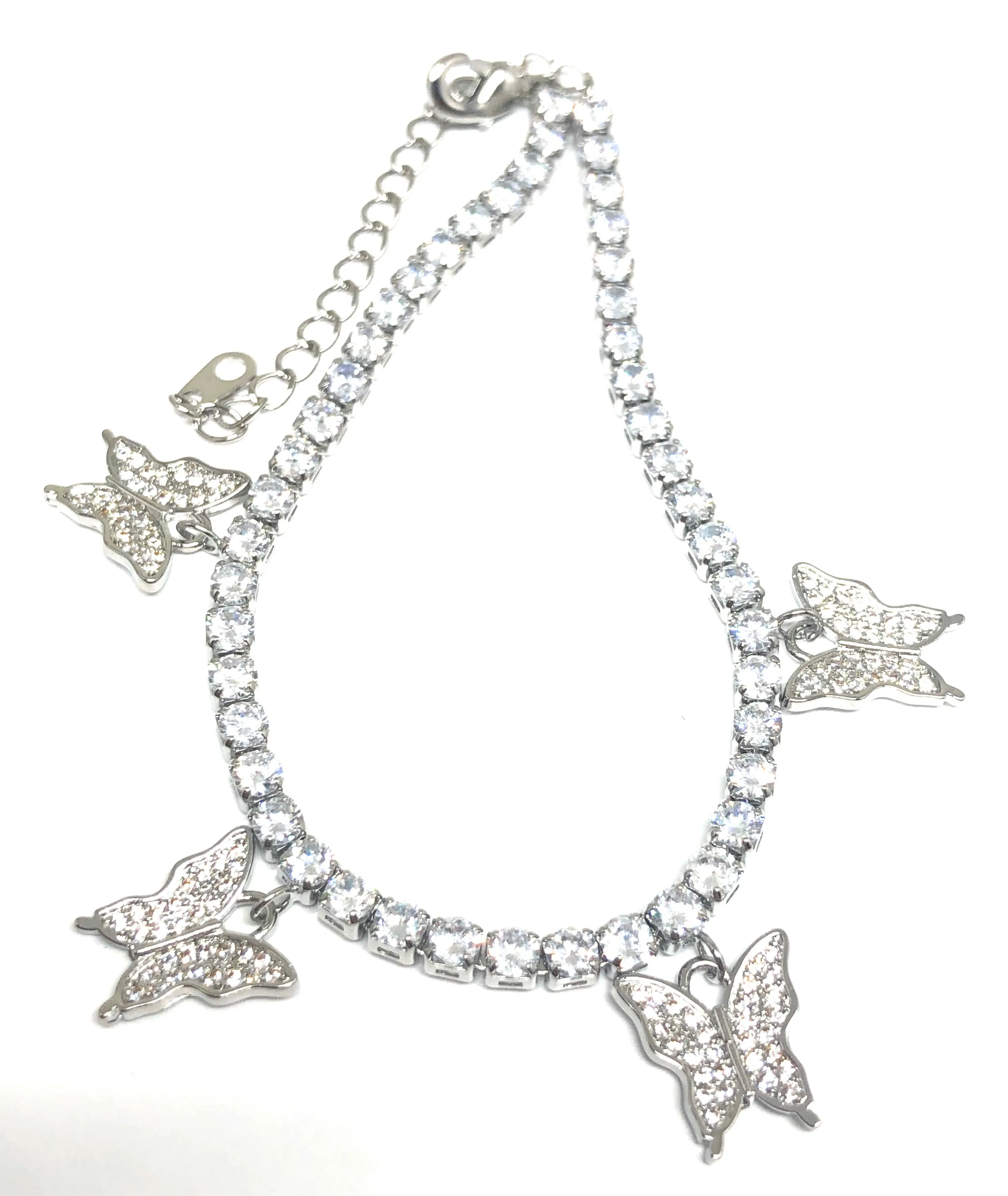 Gold Plated White Gold Butterfly Charm CZ Adjustable 9 inch Tennis Bracelet