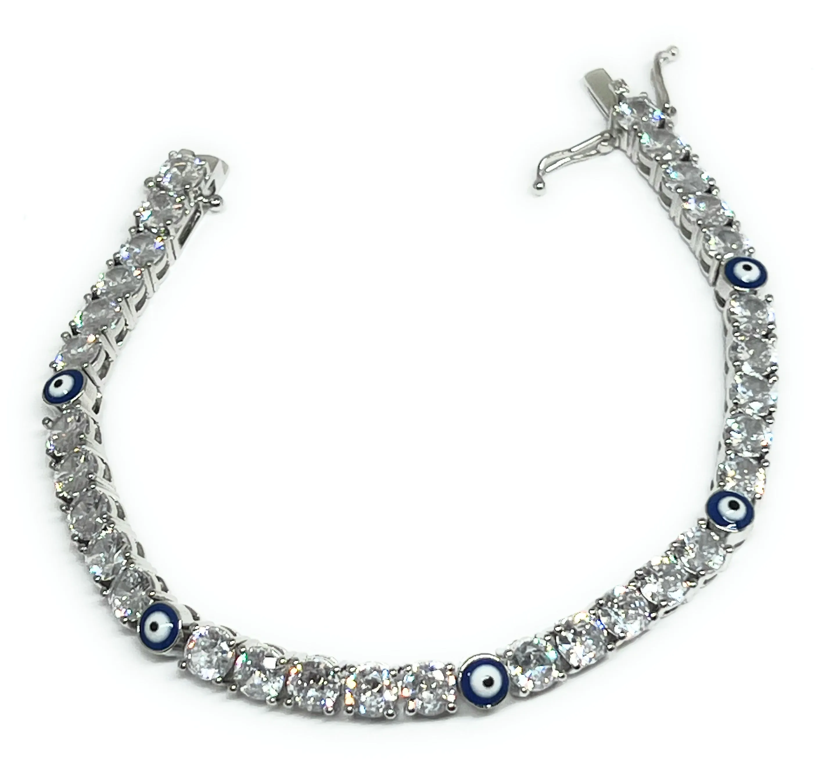 Gold Plated White Gold Evil Eye BLUE CZ Tennis Bracelet 7.5 inch