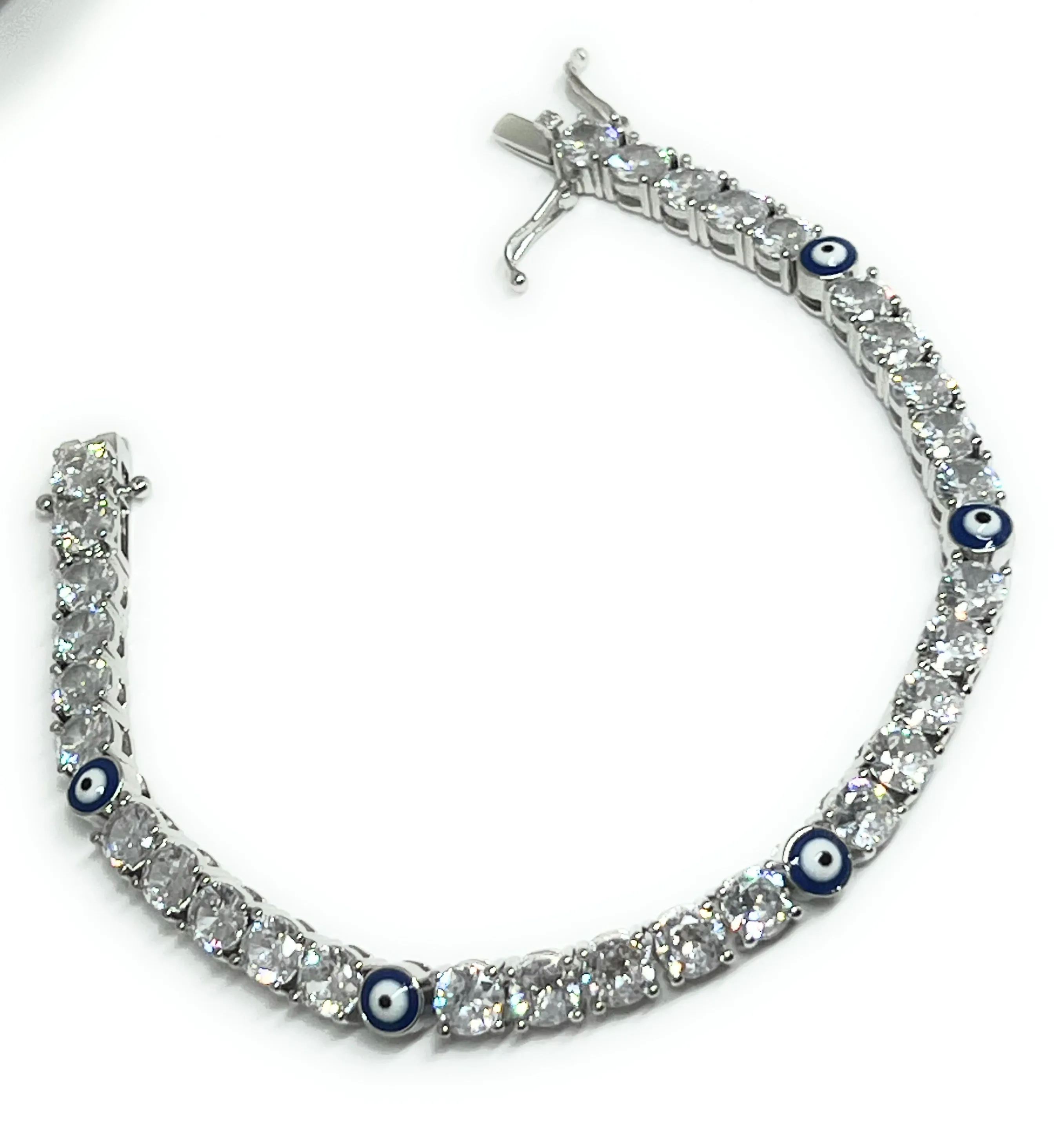 Gold Plated White Gold Evil Eye BLUE CZ Tennis Bracelet 7.5 inch