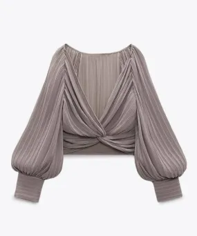 Gray Pleated Knotted Long Sleeve Top