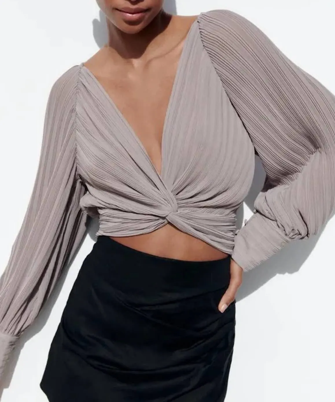 Gray Pleated Knotted Long Sleeve Top