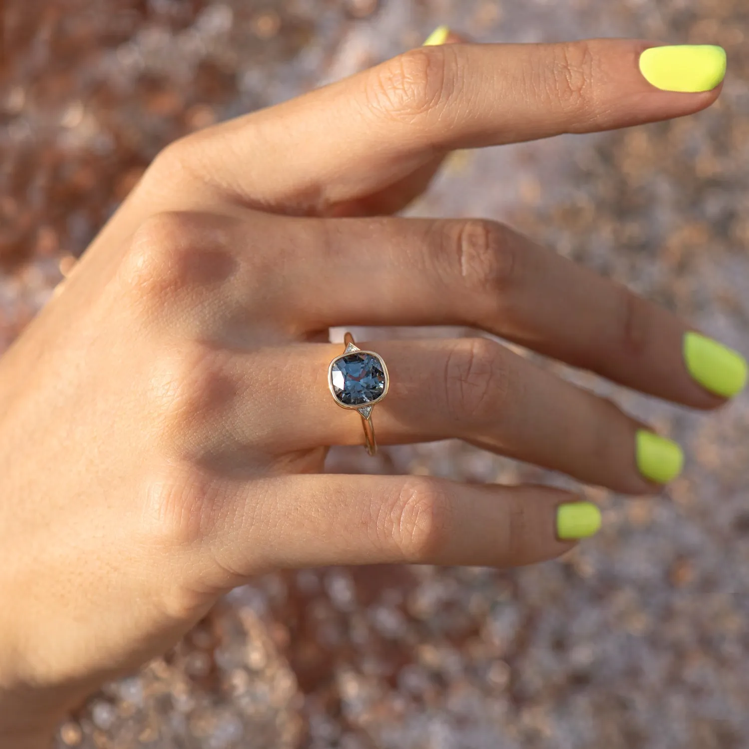 Gray Spinel Engagement Ring with a Golden Zigzag Setting - OOAK