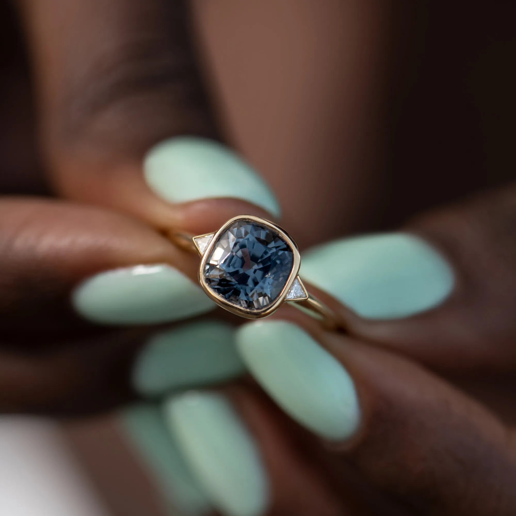 Gray Spinel Engagement Ring with a Golden Zigzag Setting - OOAK