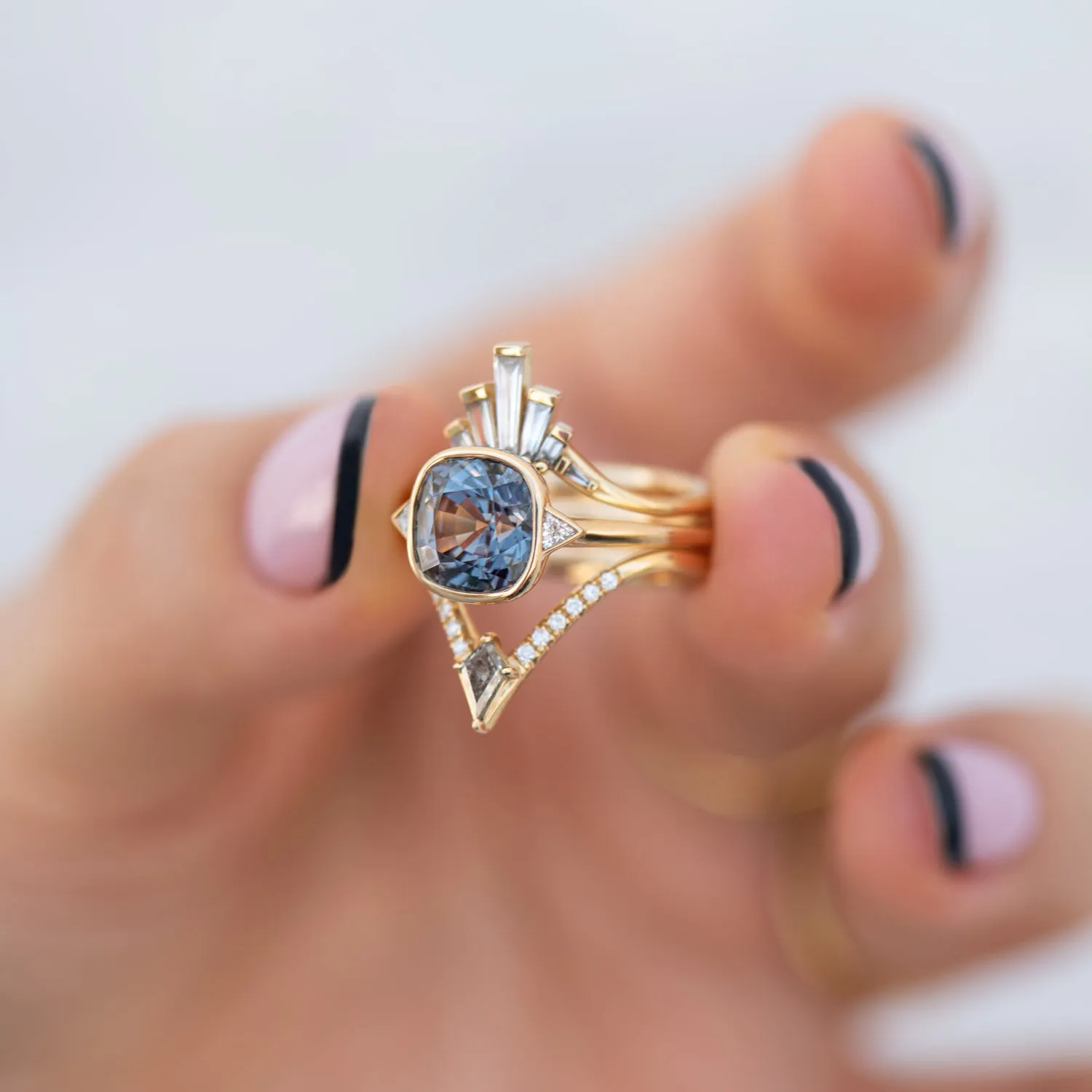 Gray Spinel Engagement Ring with a Golden Zigzag Setting - OOAK