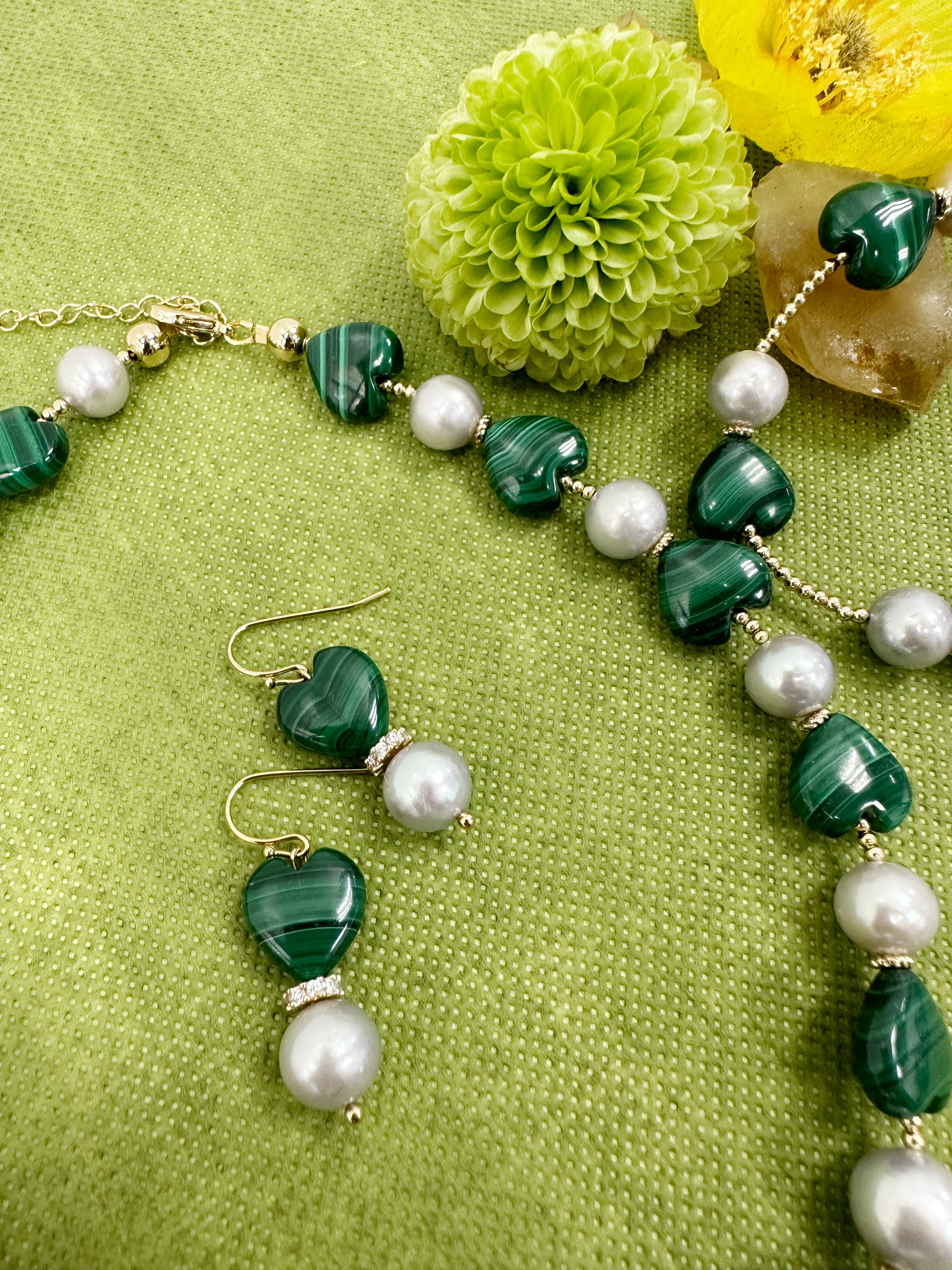 Heart Malachite with Gray Freshwater Pearls Dangle Earrings LE031