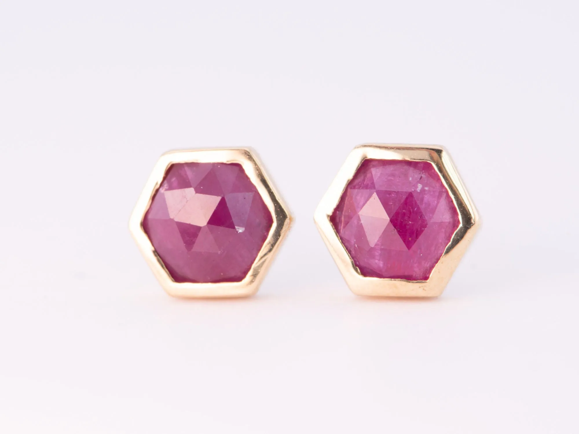 Hexagon Shape Ruby Bezel Set Ear Studs 14K Gold R3192