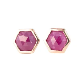 Hexagon Shape Ruby Bezel Set Ear Studs 14K Gold R3192