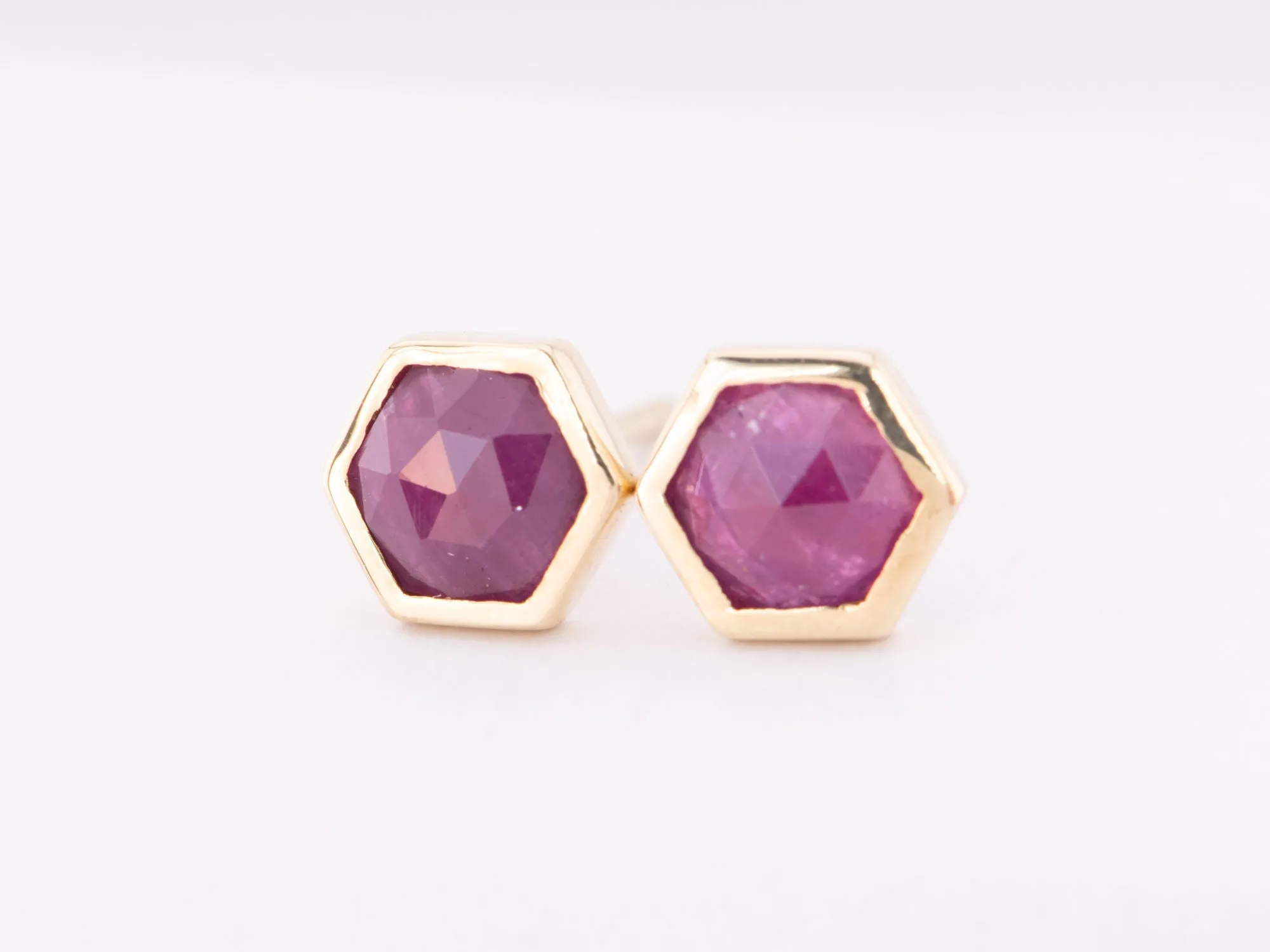 Hexagon Shape Ruby Bezel Set Ear Studs 14K Gold R3192