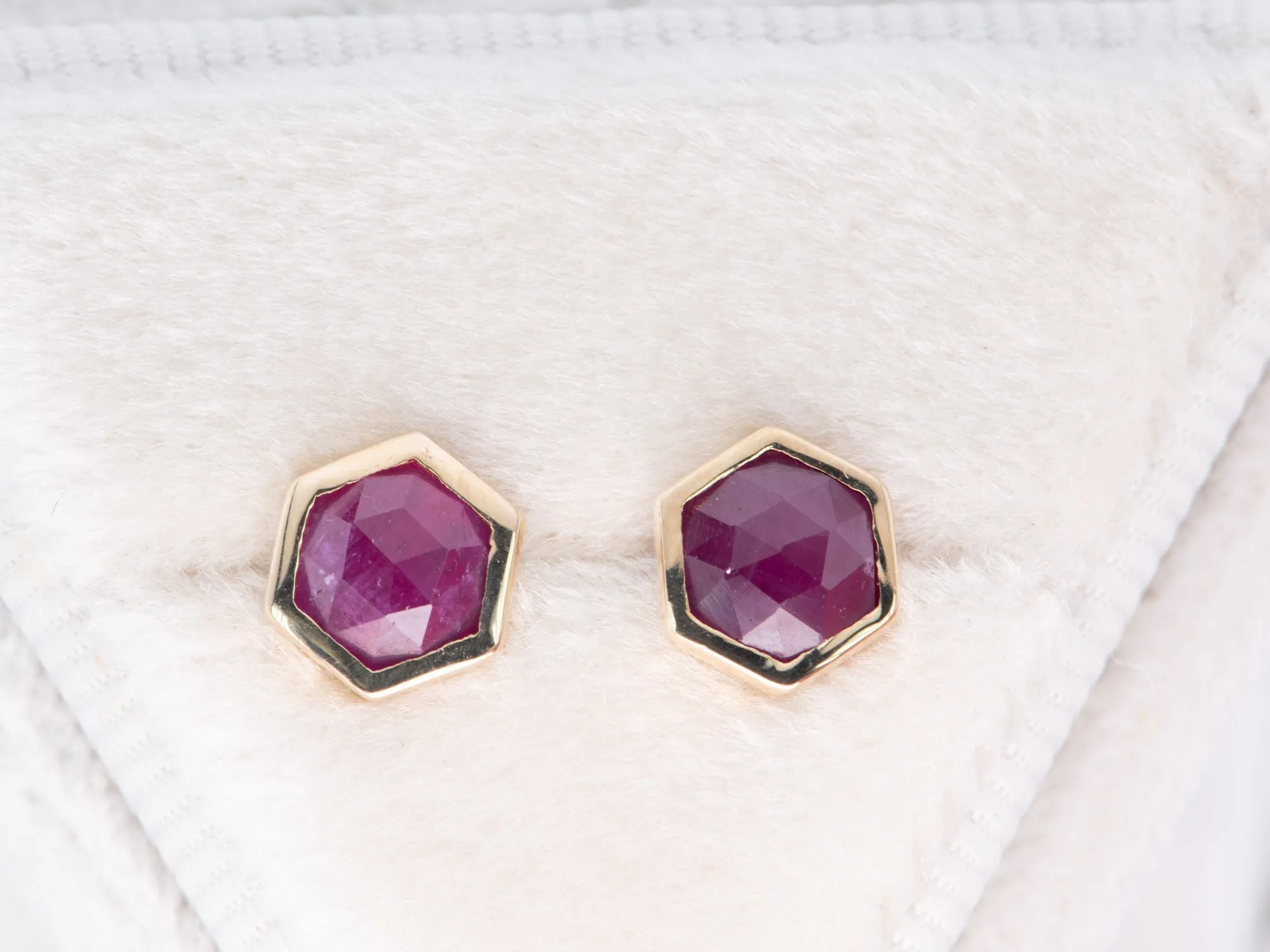 Hexagon Shape Ruby Bezel Set Ear Studs 14K Gold R3192