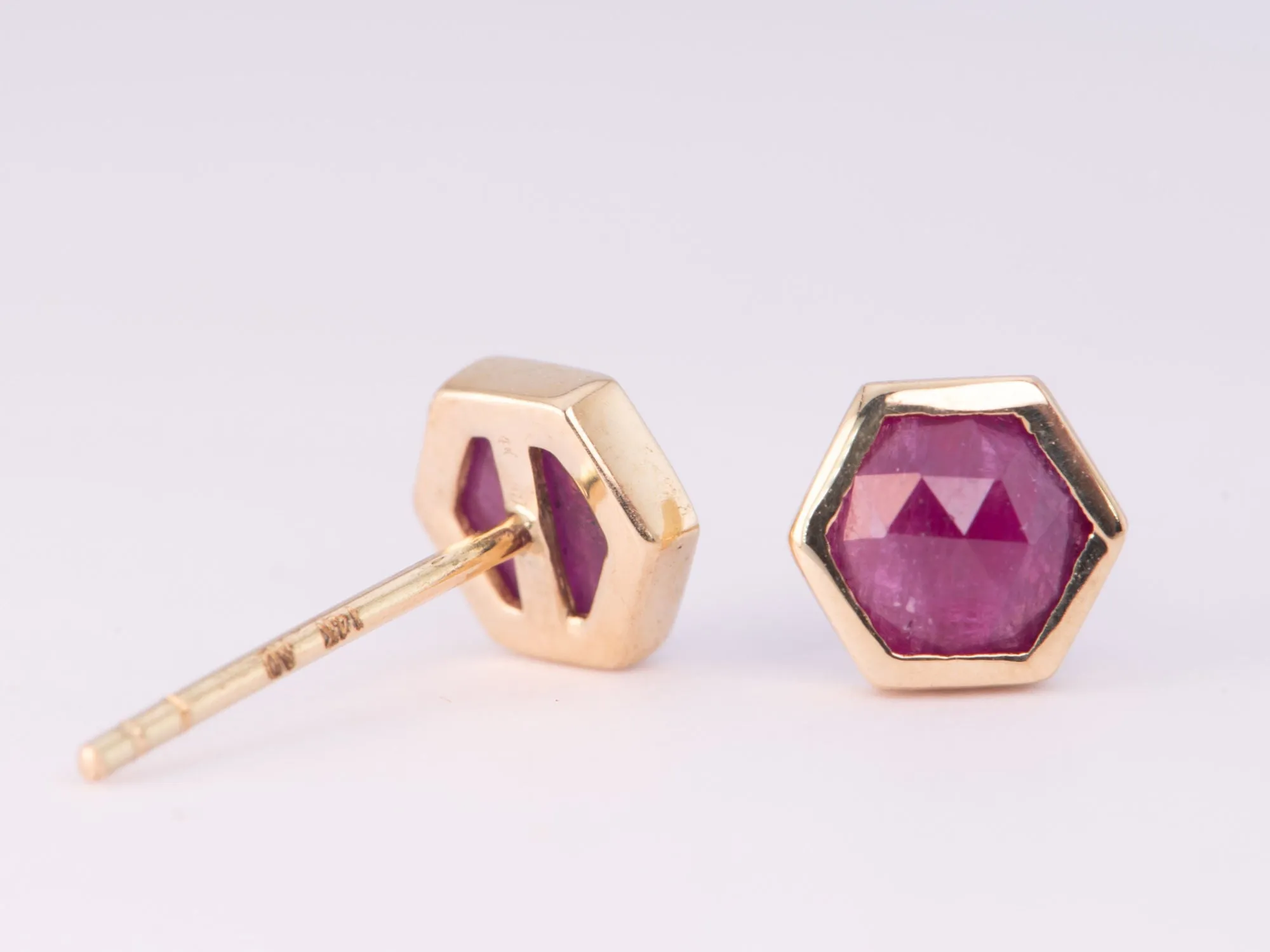 Hexagon Shape Ruby Bezel Set Ear Studs 14K Gold R3192