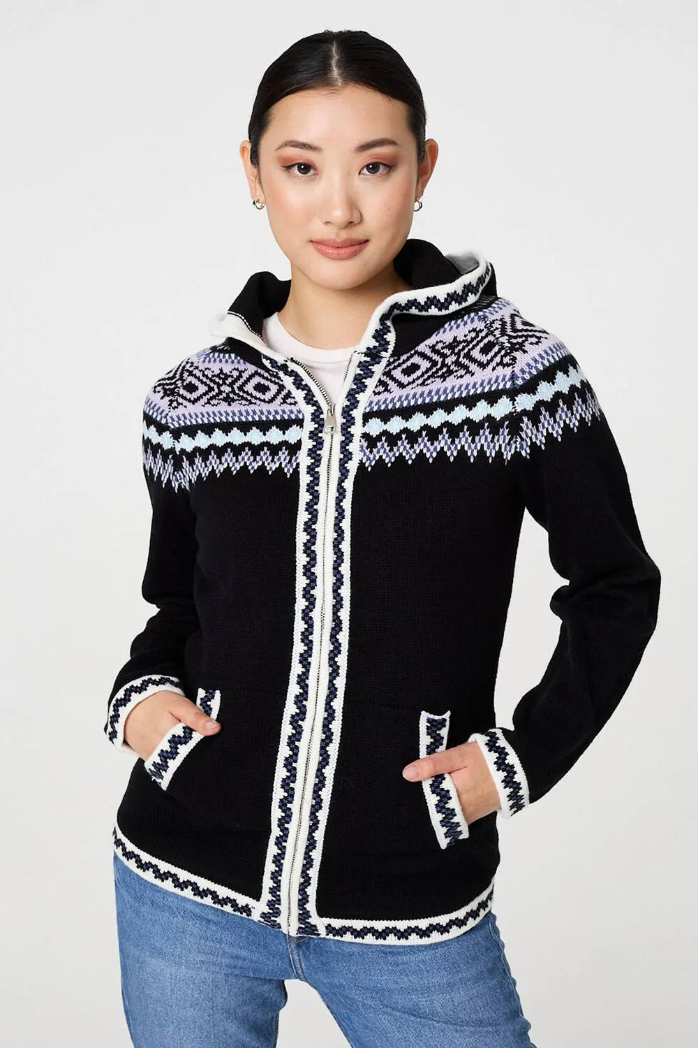 Izabel London – Ikat Print Zip Front Hooded Jumper