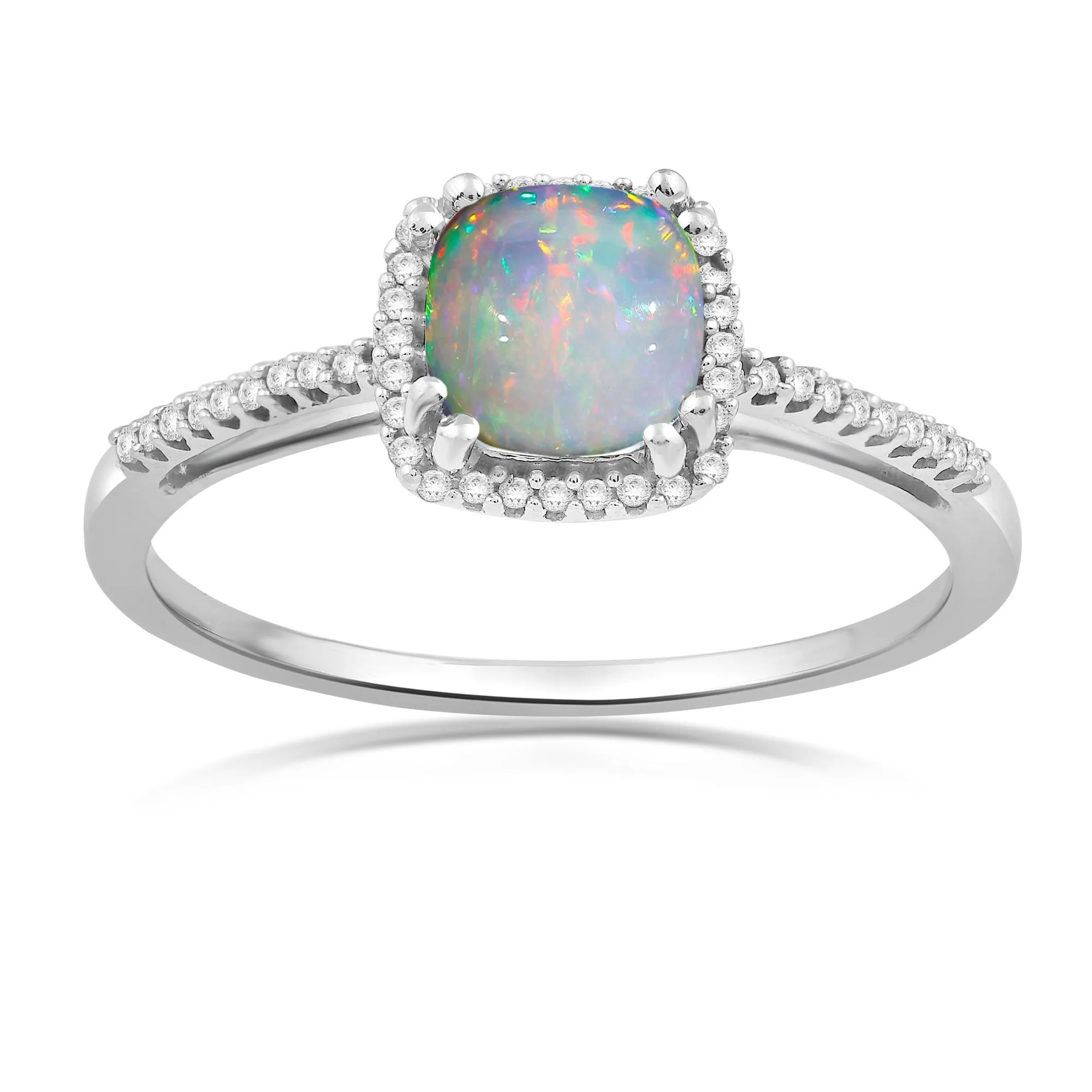 Jewelili 10K White Gold With 1/10 CTTW White Diamonds and Cushion Shape Created Opal Ring