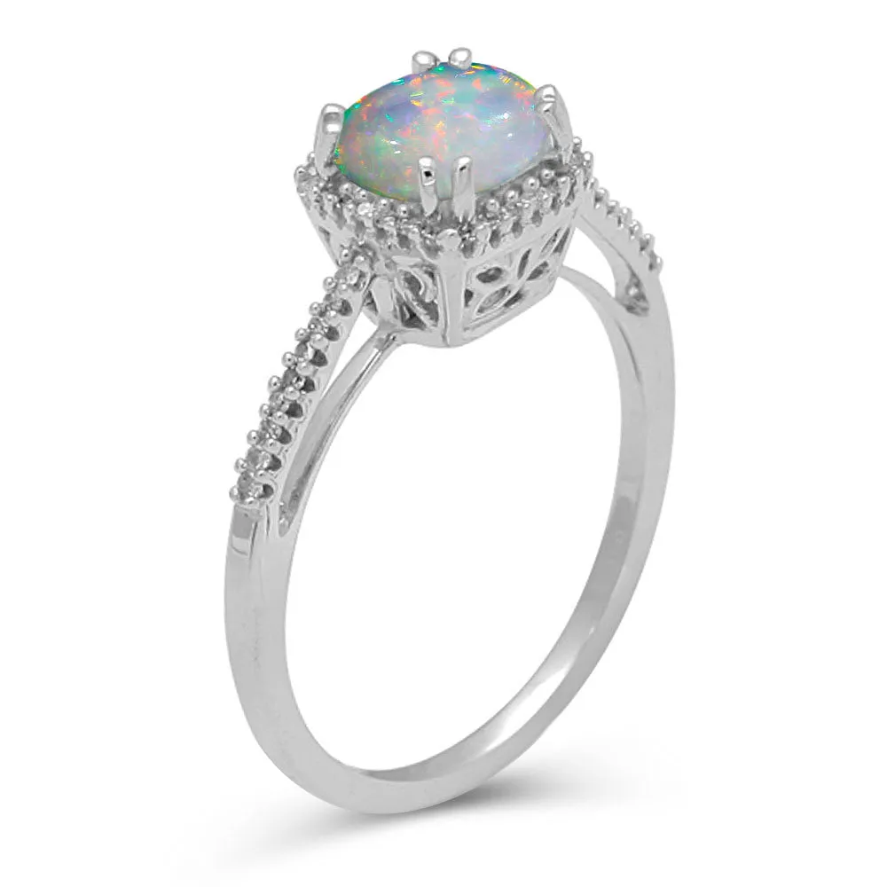 Jewelili 10K White Gold With 1/10 CTTW White Diamonds and Cushion Shape Created Opal Ring