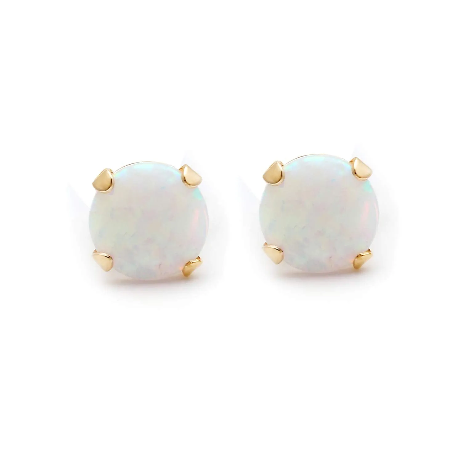 Jewelili 10K Yellow Gold with Round Created Opal Stud Earrings