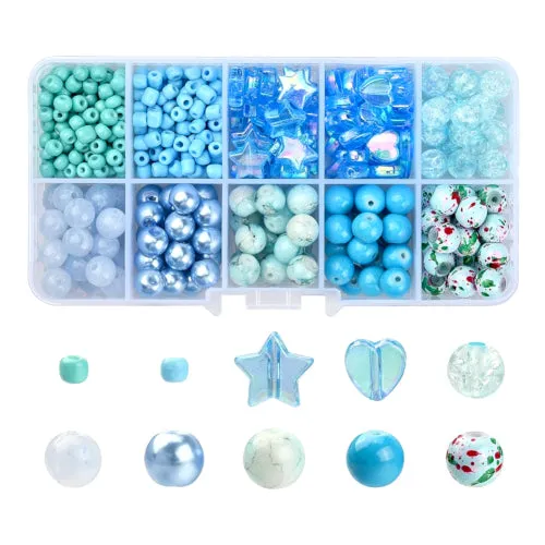 Jewelry Making Kit, Blue, Round, Hearts, Stars, Acrylic And Glass Beads