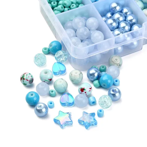 Jewelry Making Kit, Blue, Round, Hearts, Stars, Acrylic And Glass Beads