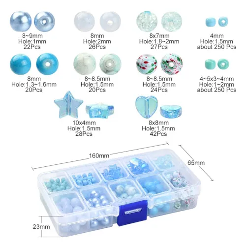 Jewelry Making Kit, Blue, Round, Hearts, Stars, Acrylic And Glass Beads