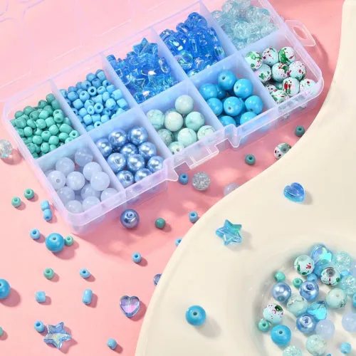 Jewelry Making Kit, Blue, Round, Hearts, Stars, Acrylic And Glass Beads