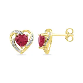 Keene Jewelers 10kt Yellow Gold Womens Round Lab-Created Ruby Diamond Heart Earrings 3/8 Cttw