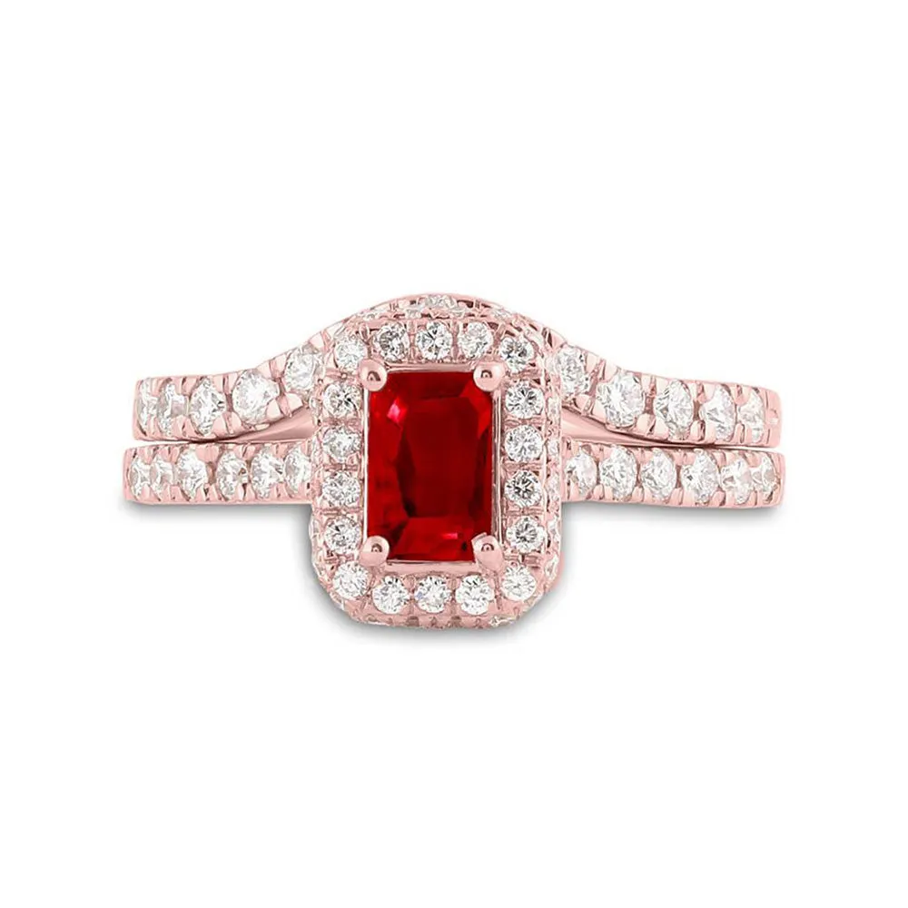 Keene Jewelers 14kt Rose Gold Womens Emerald-cut Ruby Solitaire Bridal Wedding Ring Band Set 1-3/8 Cttw