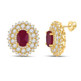 Keene Jewelers 14kt Yellow Gold Womens Oval Ruby Diamond Halo Earrings 3-1/4 Cttw