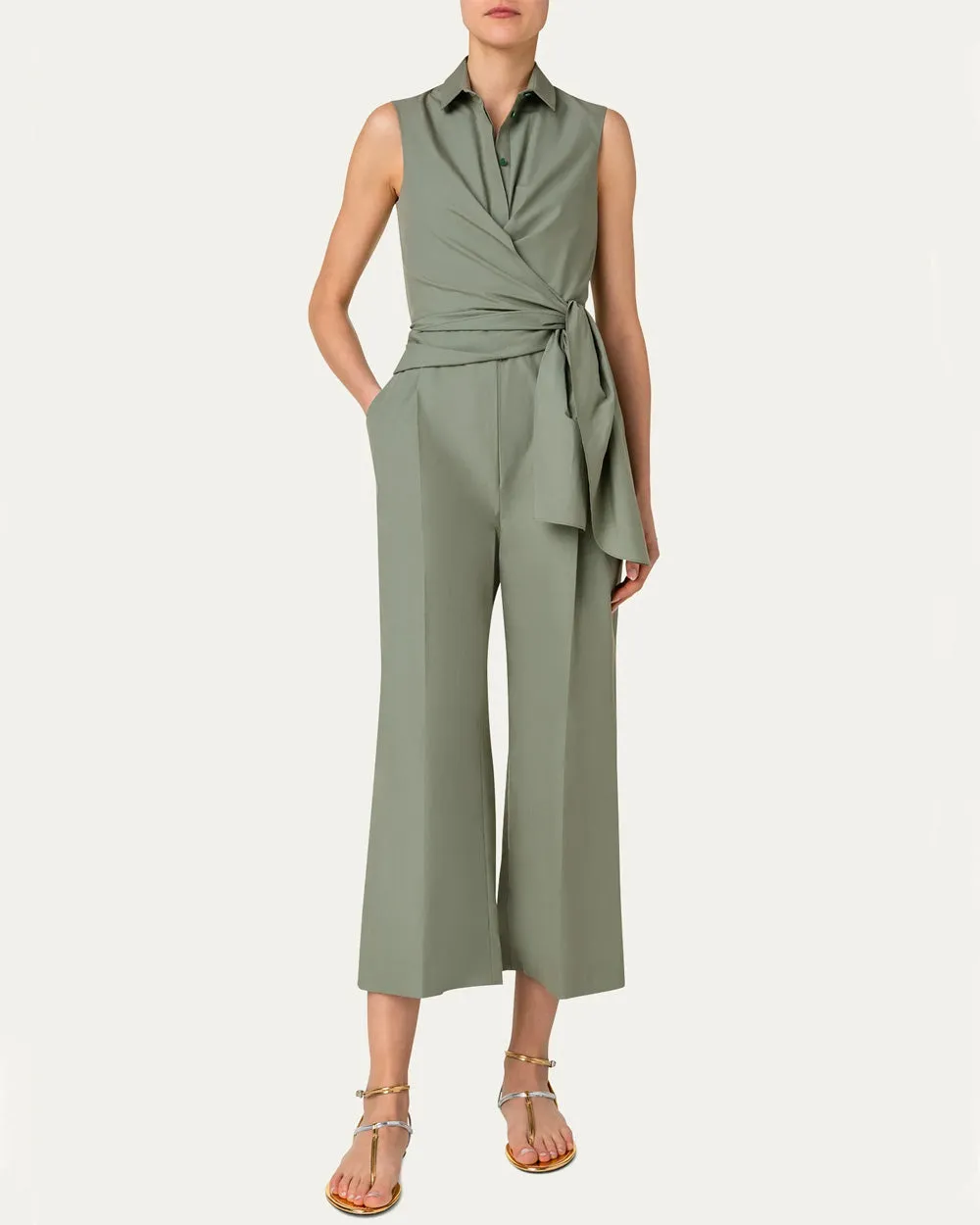 Khaki Sleeveless Wrap Jumpsuit