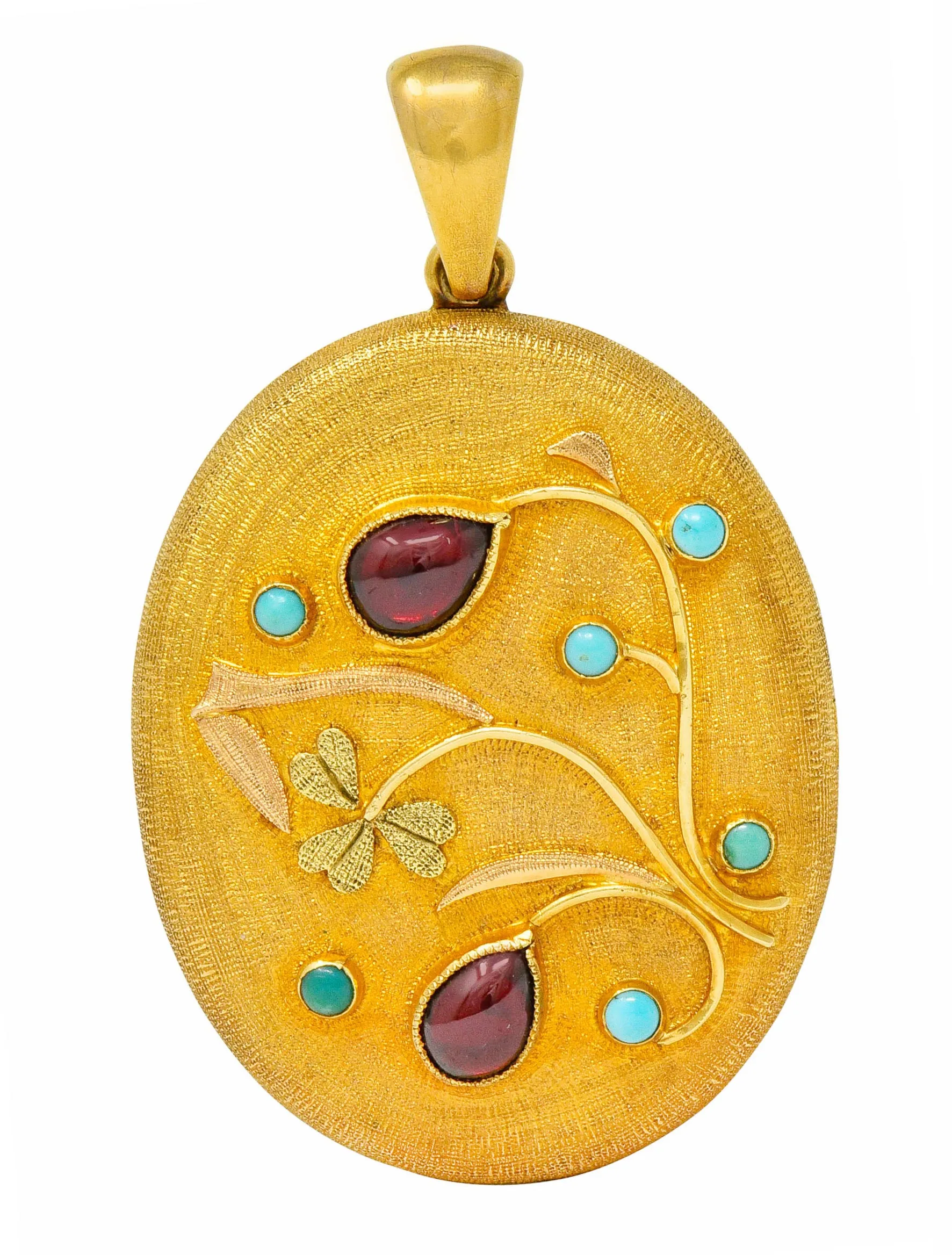 Large Victorian Garnet Turquoise 18 Karat Tri-Colored Gold Floral Locket Pendant