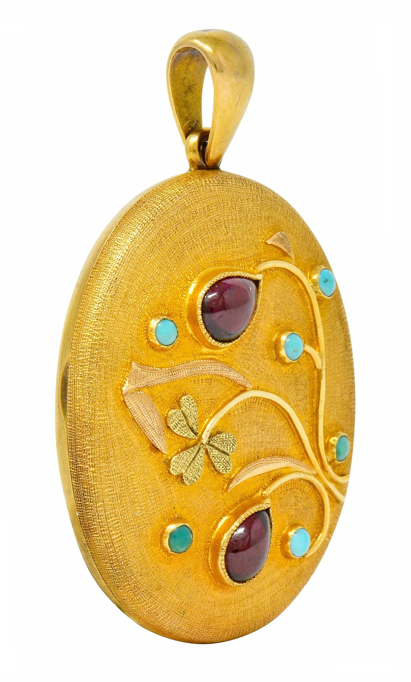 Large Victorian Garnet Turquoise 18 Karat Tri-Colored Gold Floral Locket Pendant