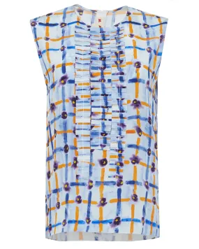 Light Blue Saraband Print Pleated Sleeveless Top