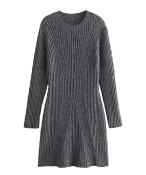 Long Sleeve Stripe Knit Short Dress In Gray