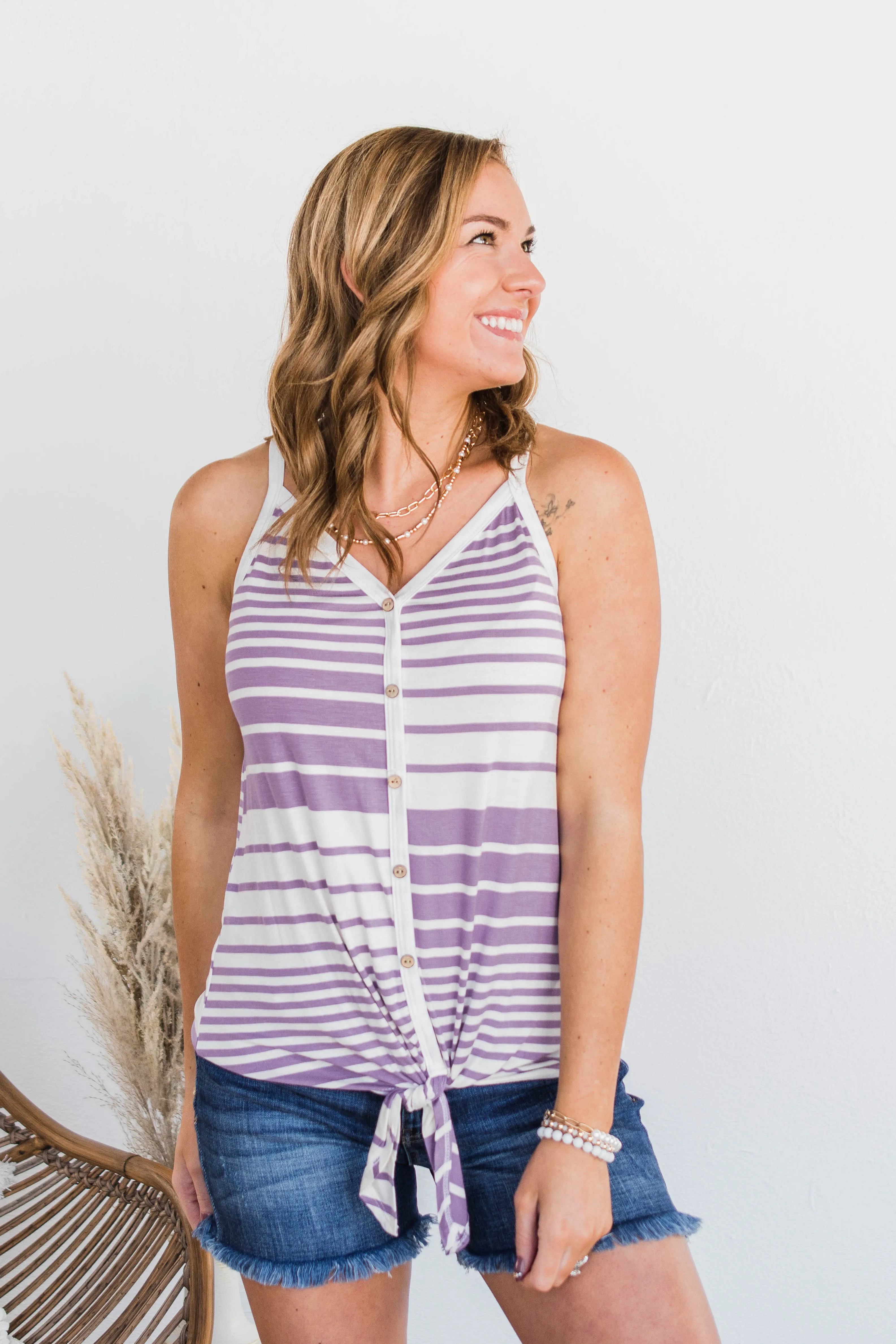 Love The Beach Stripe Tank- Purple & Ivory