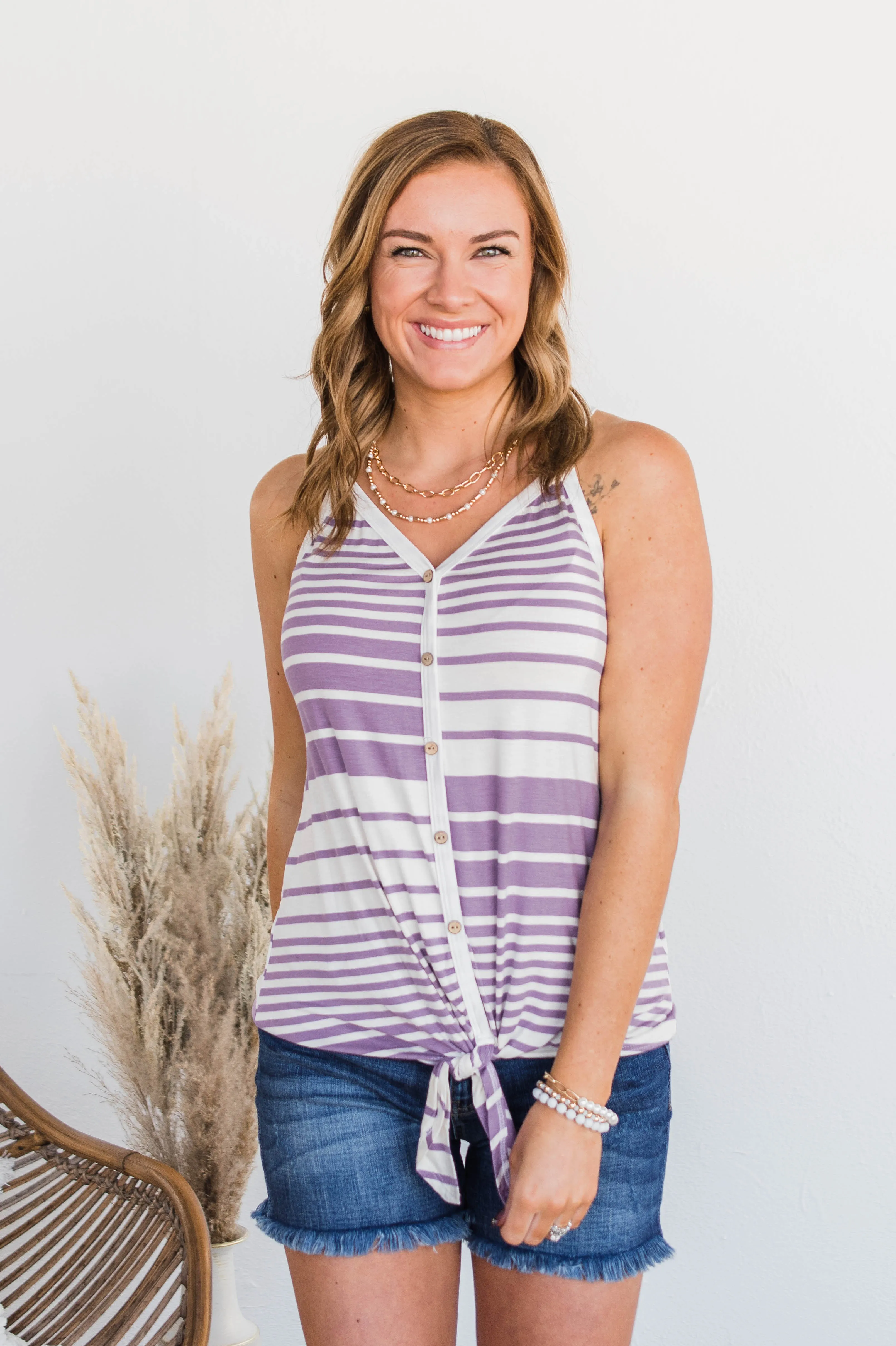 Love The Beach Stripe Tank- Purple & Ivory